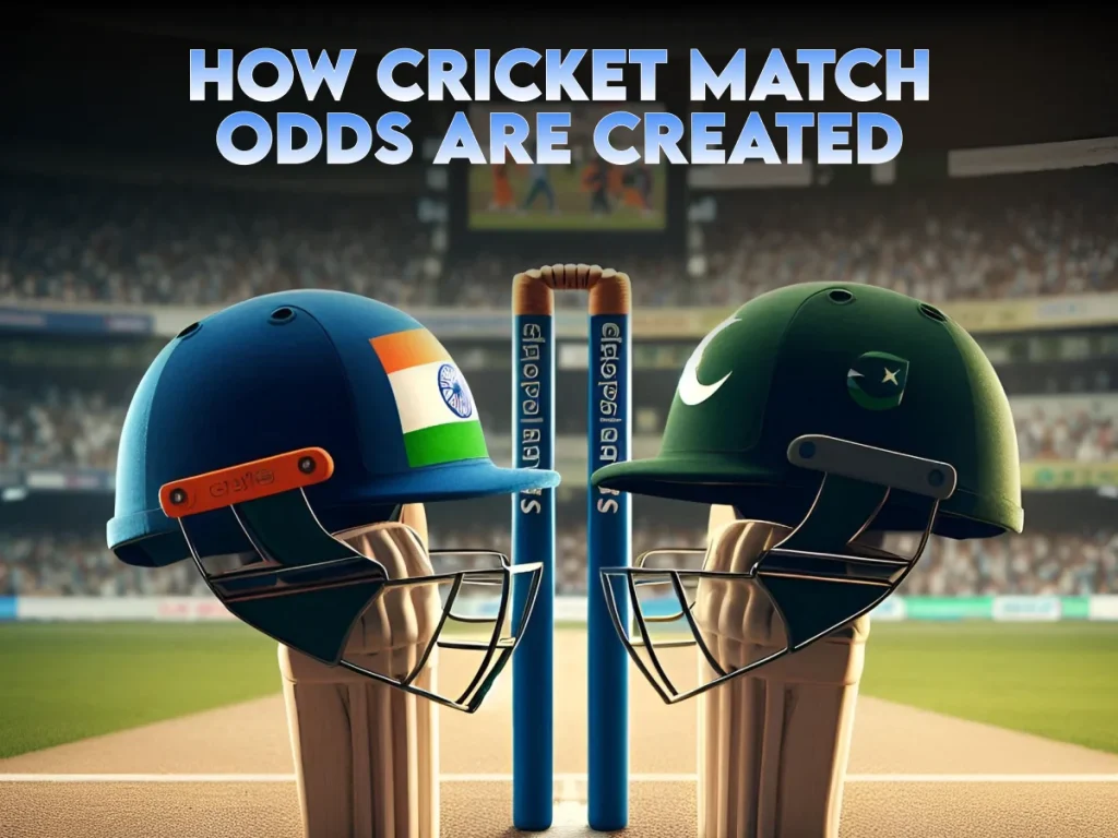How cricket match odds are created with Indian and Pakistani cricket helmets and stumps on the field.